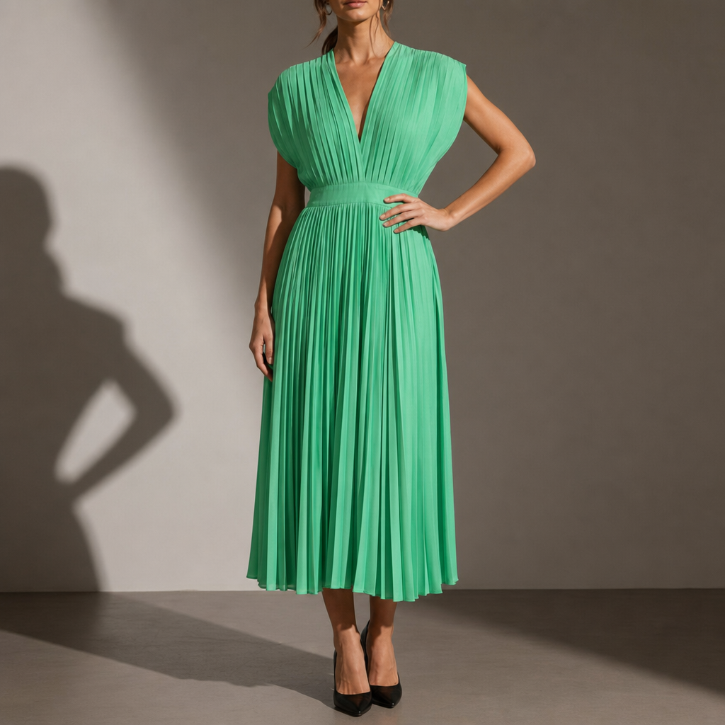 Kakopetria Pleated V-Neck Midi Dress in Green