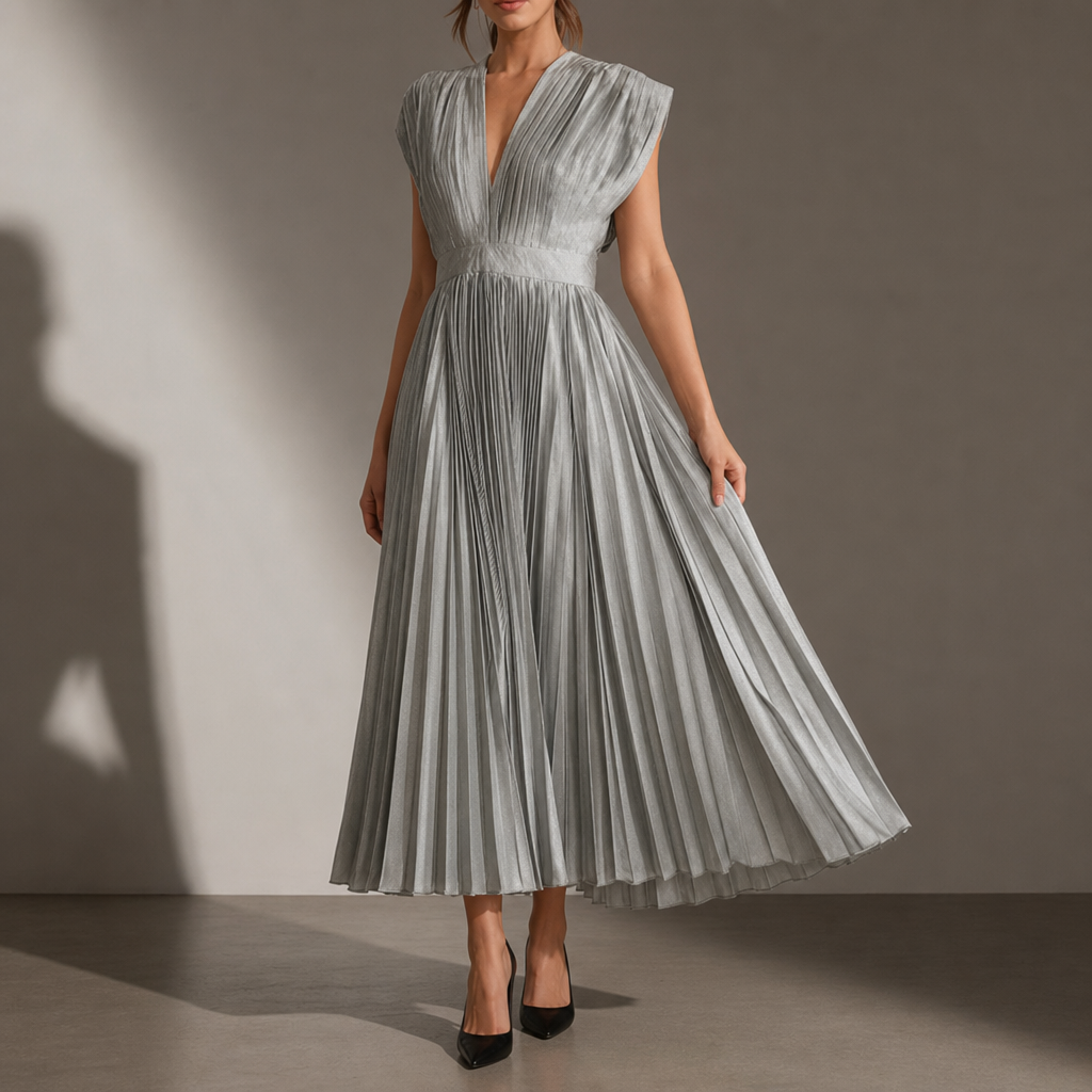 Kakopetria Pleated V-Neck Midi Dress in Silver