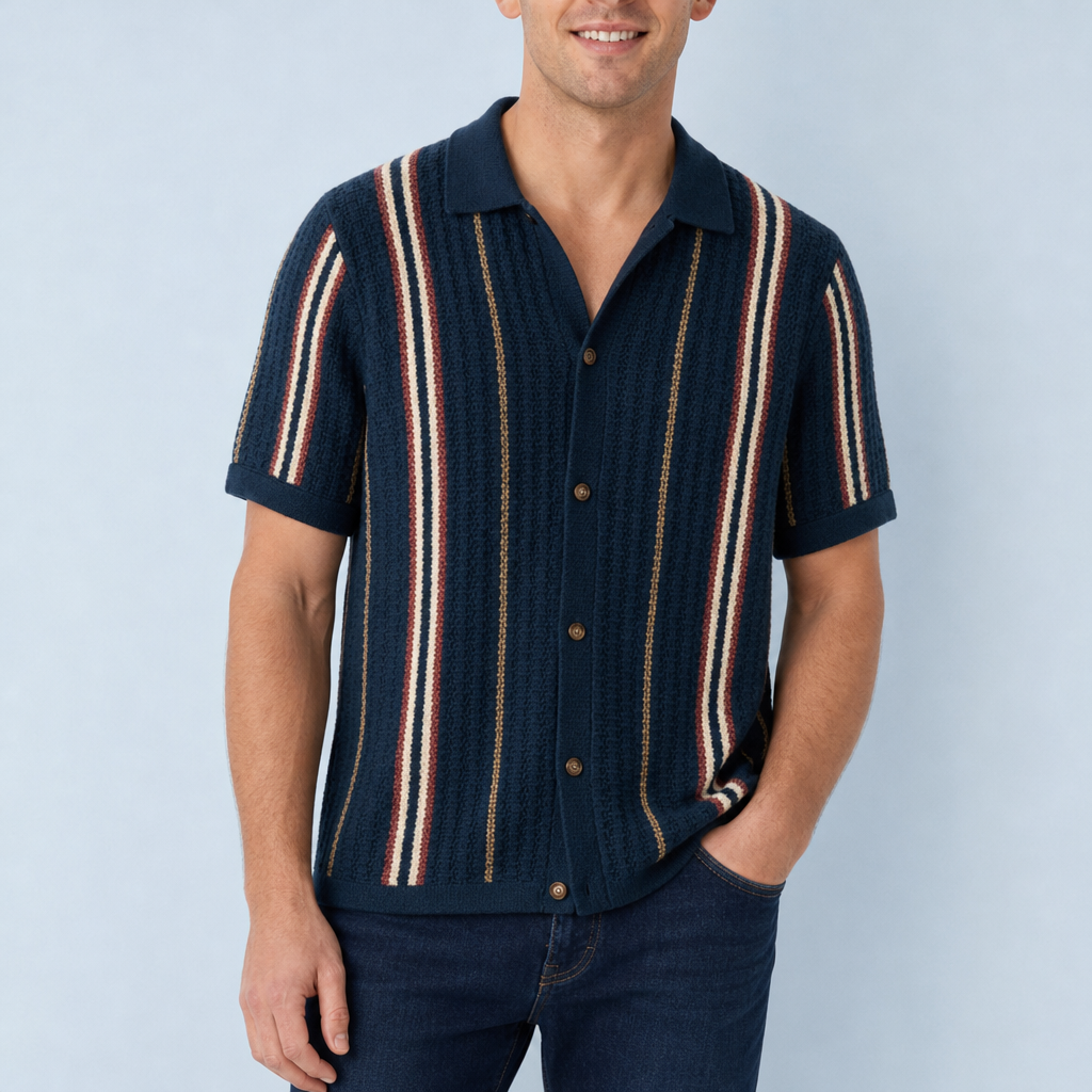 Kea Striped Knit Polo in Blue