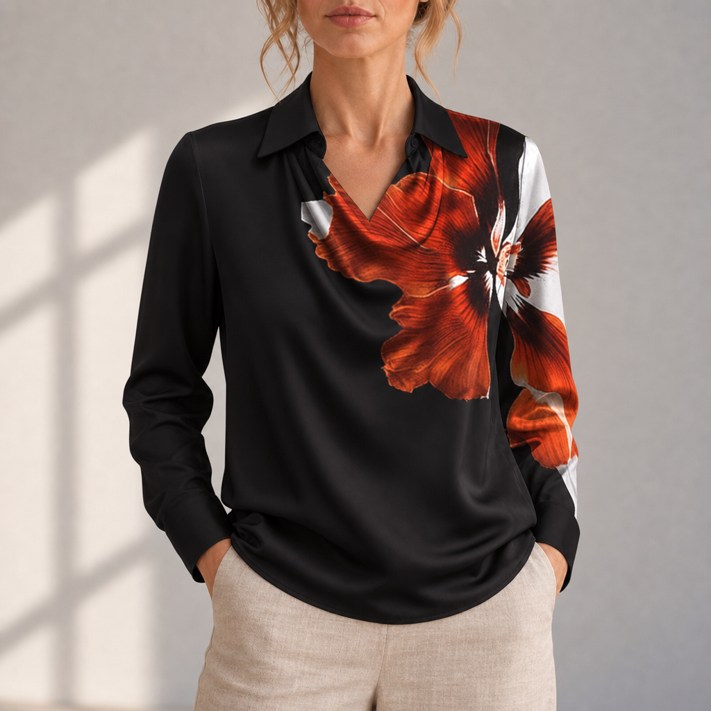 Lamego Satin Cowl Neck Blouse in Black Red
