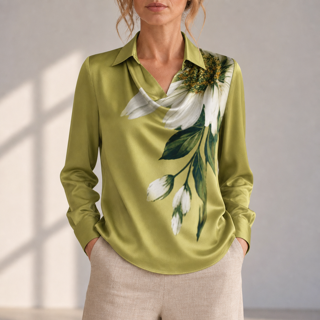 Lamego Satin Cowl Neck Blouse in Green