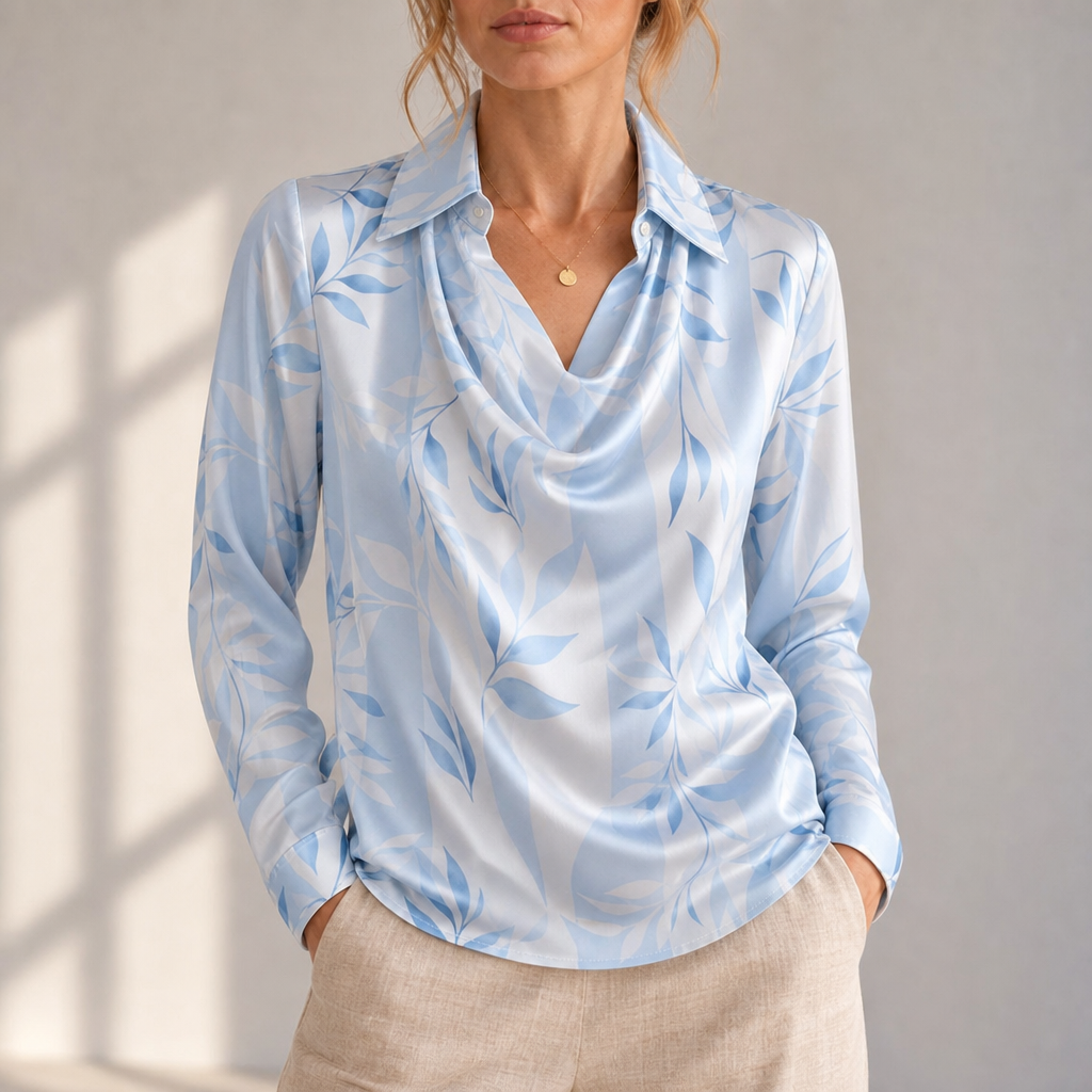 Lamego Satin Cowl Neck Blouse in Light Blue Floral
