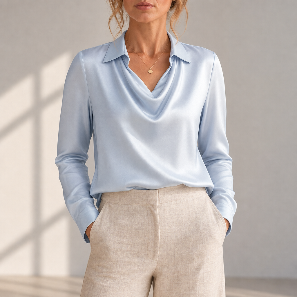 Lamego Satin Cowl Neck Blouse in Light Blue