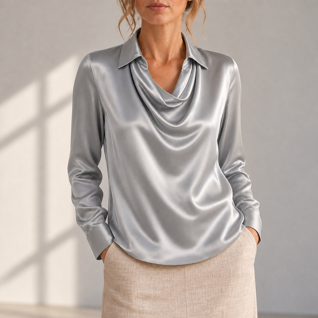 Lamego Satin Cowl Neck Blouse in Silver