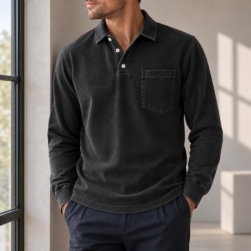 Larnaca Vintage Washed Henley Sweatshirt in Black