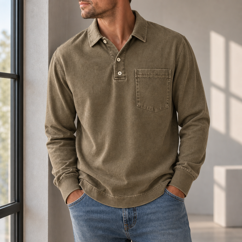 Larnaca Vintage Washed Henley Sweatshirt in Dark Khaki