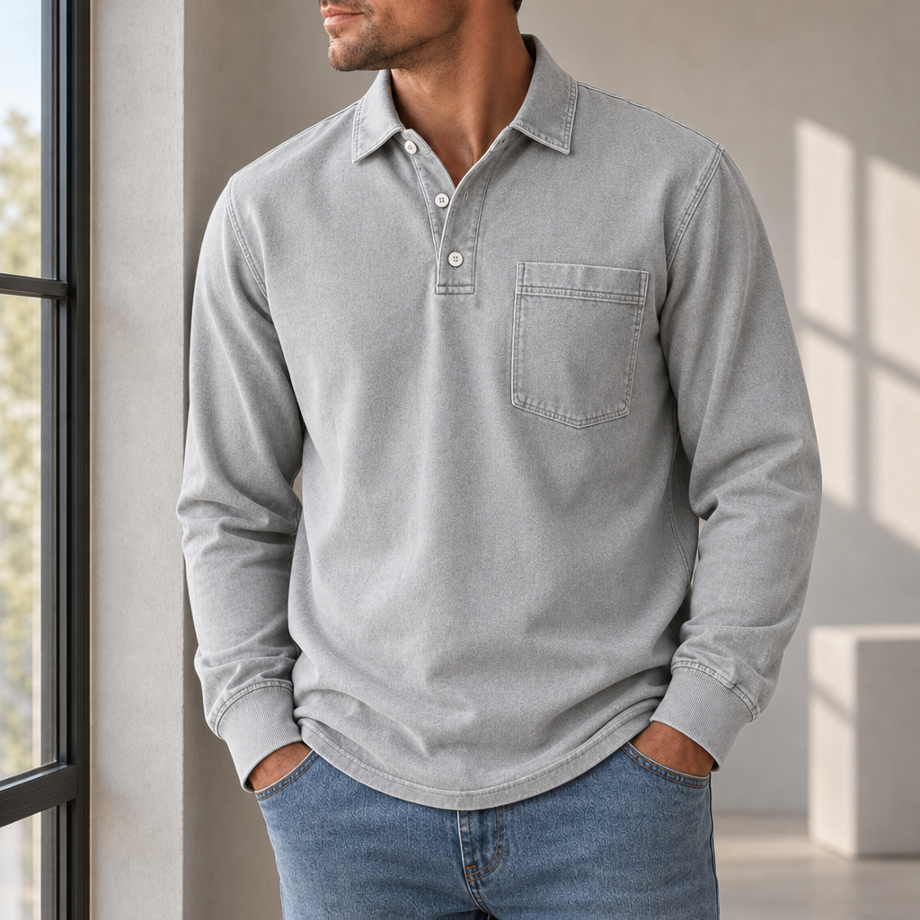 Larnaca Vintage Washed Henley Sweatshirt in Light Gray