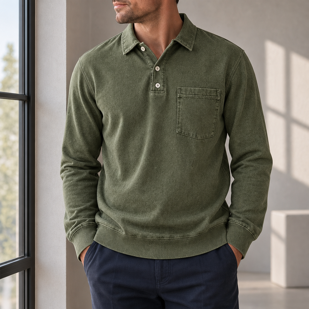 Larnaca Vintage Washed Henley Sweatshirt in Olive Green