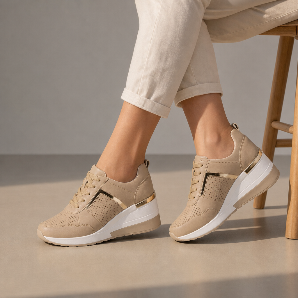 Lerici Orthopedic Gold Detail Wedge Sneakers in Beige