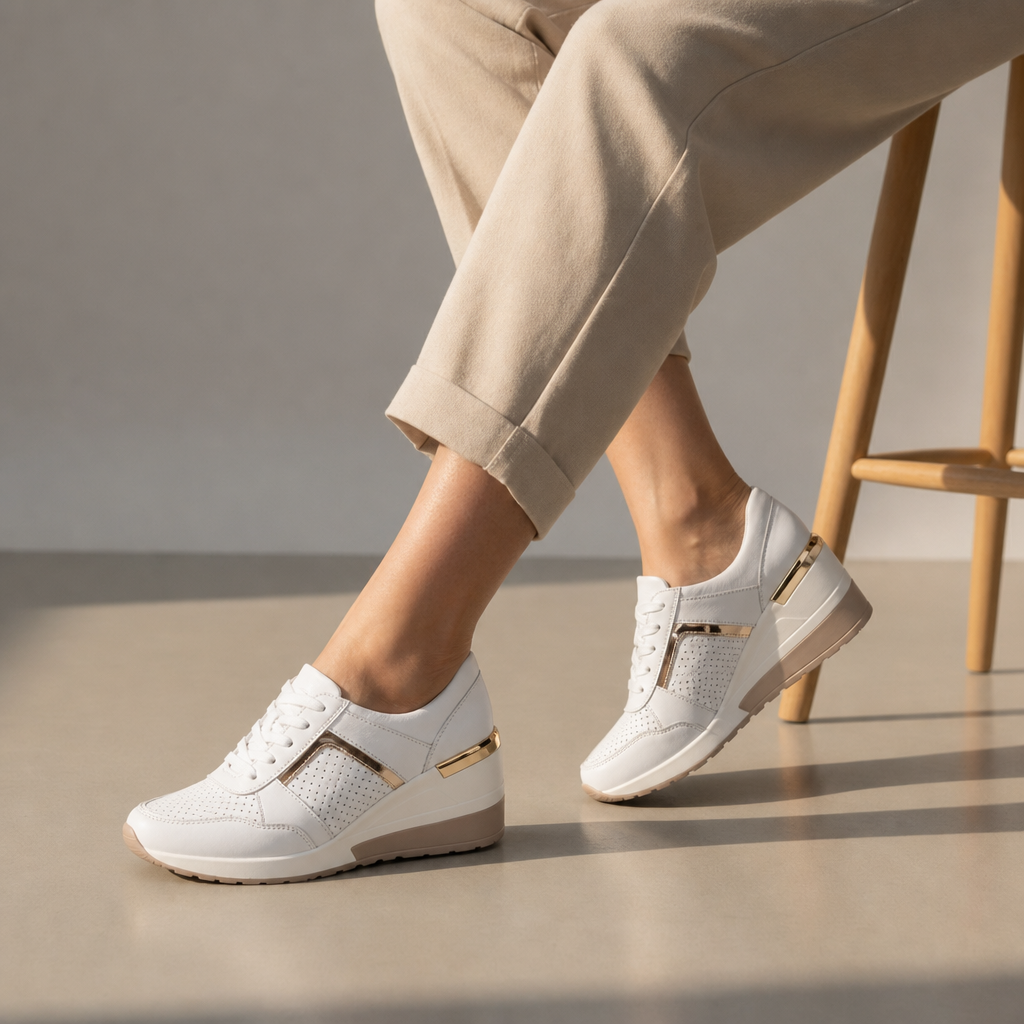 Lerici Orthopedic Gold Detail Wedge Sneakers in White