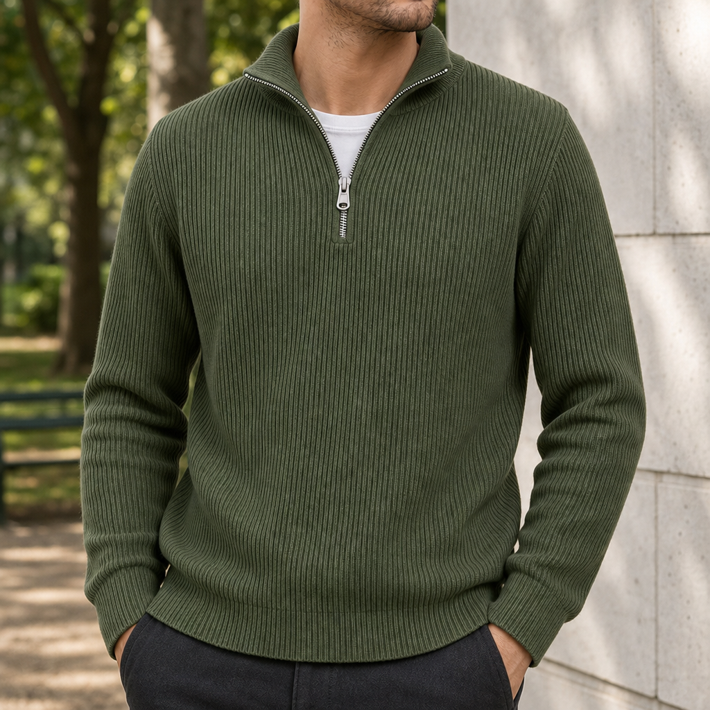Lerici Ribbed Quarter-Zip Sweater in Olive green