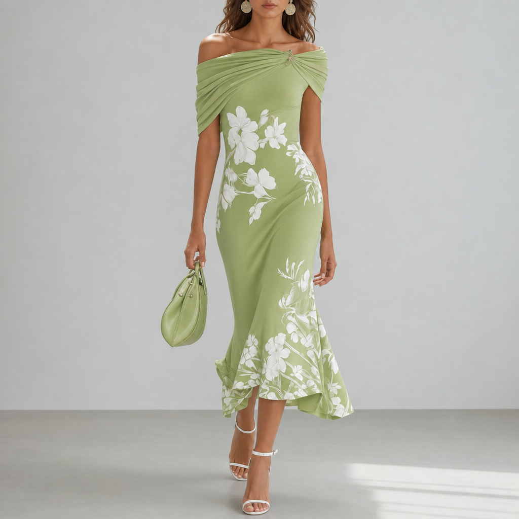 Lucca Draped Floral Midi Dress in Green