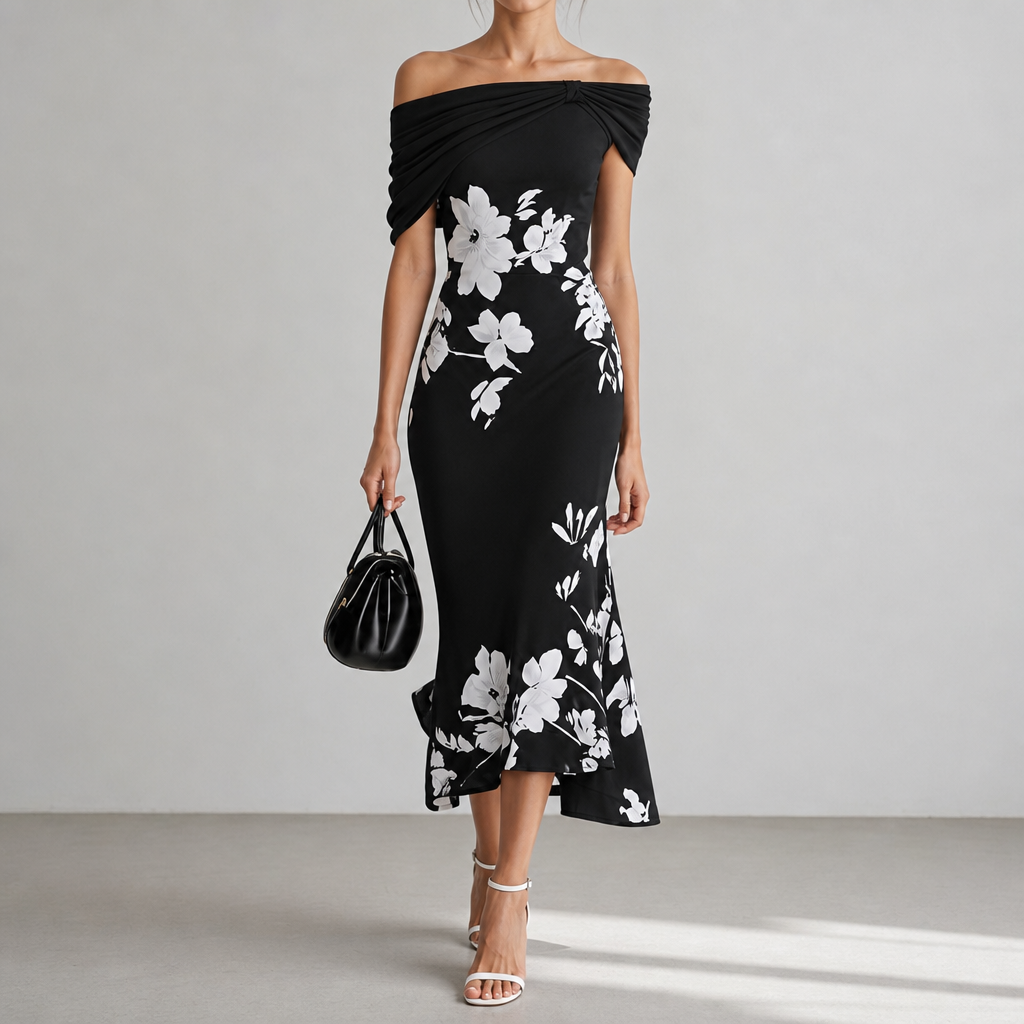 Lucca Draped Floral Midi Dress in Black