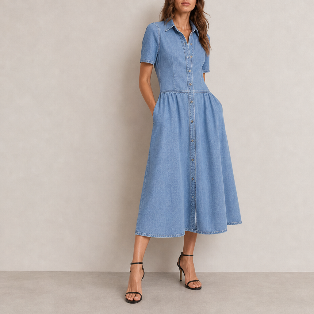 Malaga Denim Shirt Midi Dress in Blue