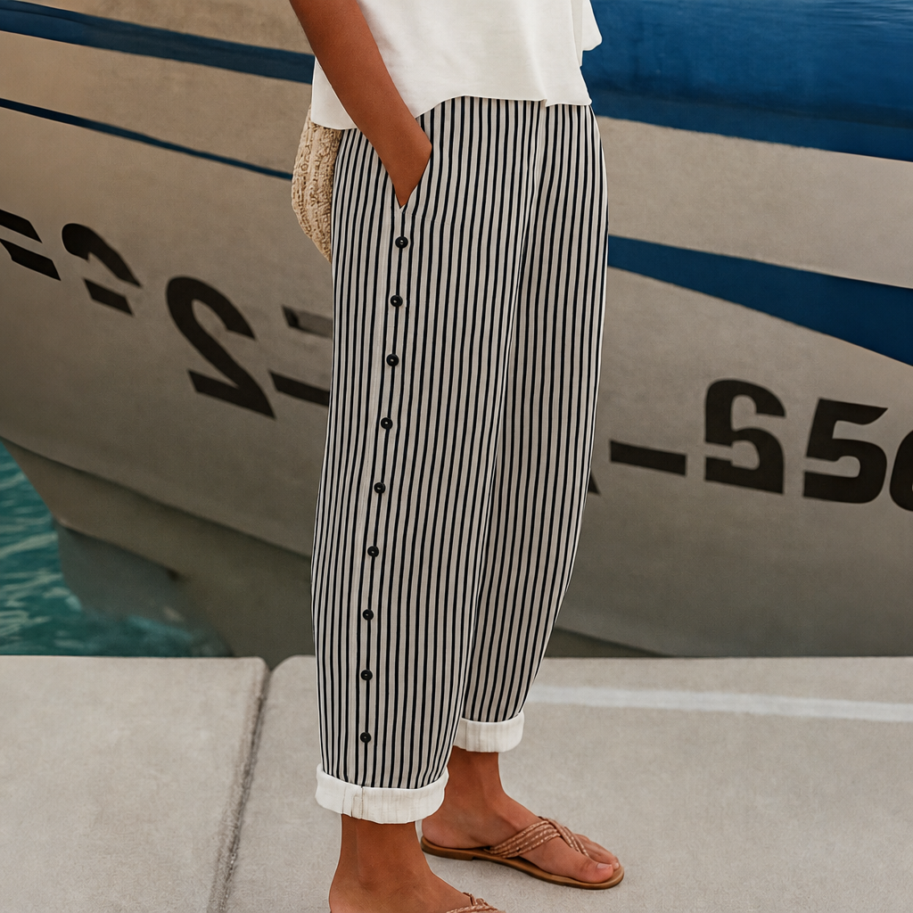 Mantova Striped Button Wide-Leg Pants in Black