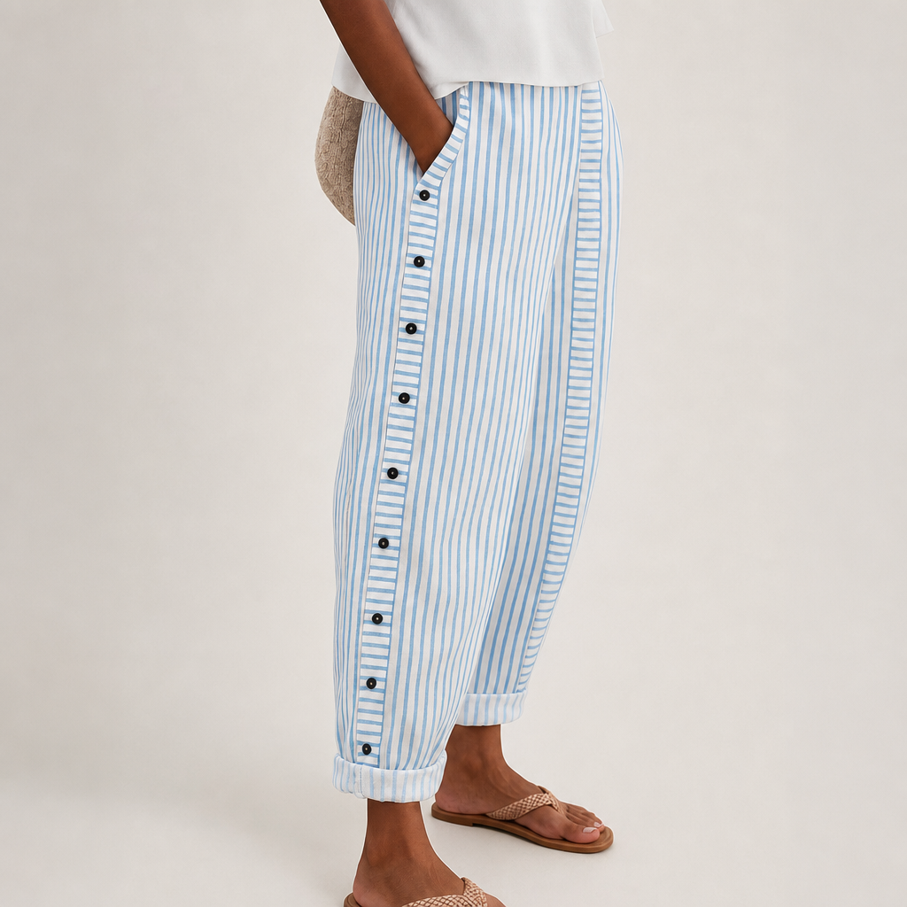 Mantova Striped Button Wide-Leg Pants in Blue