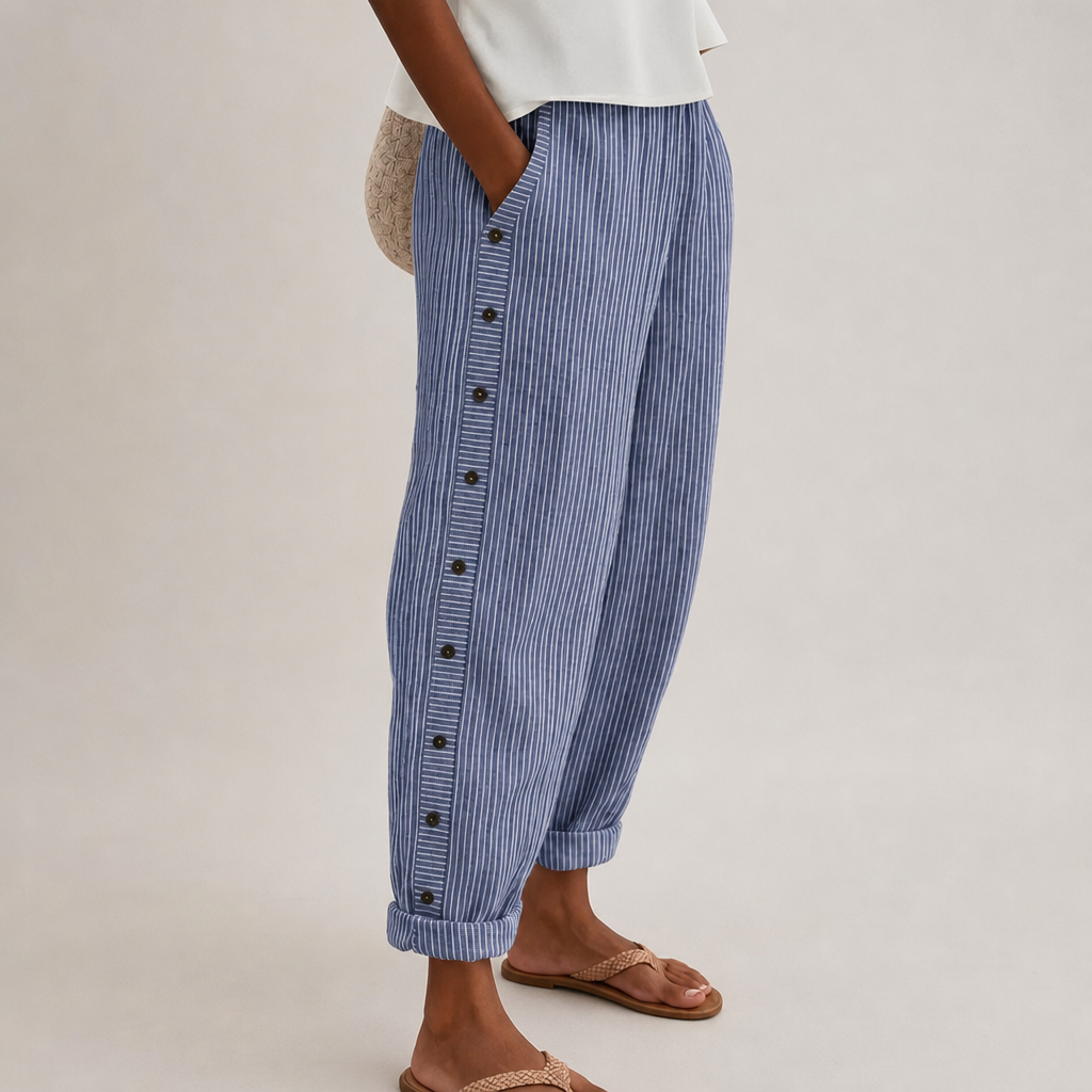 Mantova Striped Button Wide-Leg Pants in Dark Blue
