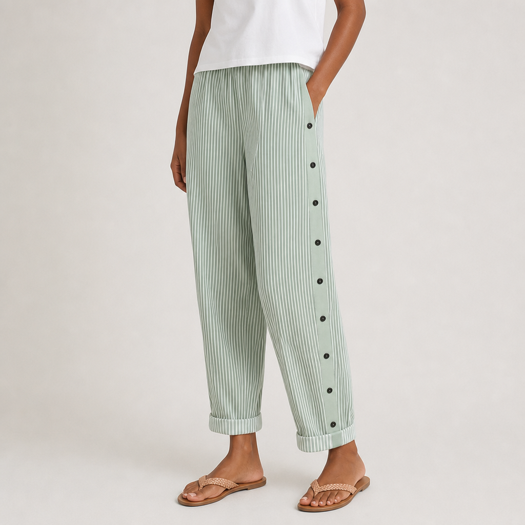 Mantova Striped Button Wide-Leg Pants in Green