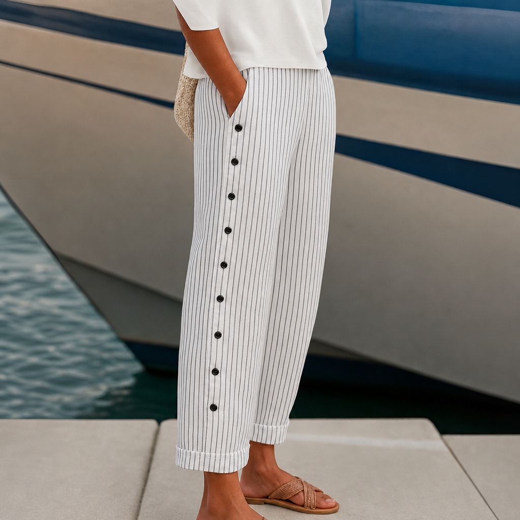 Mantova Striped Button Wide-Leg Pants in Grey