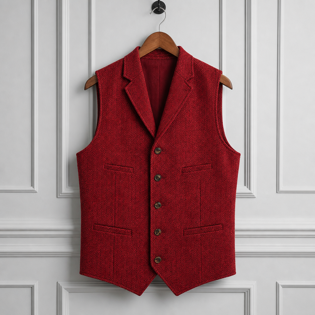 Matera Herringbone Tweed Waistcoat in Red