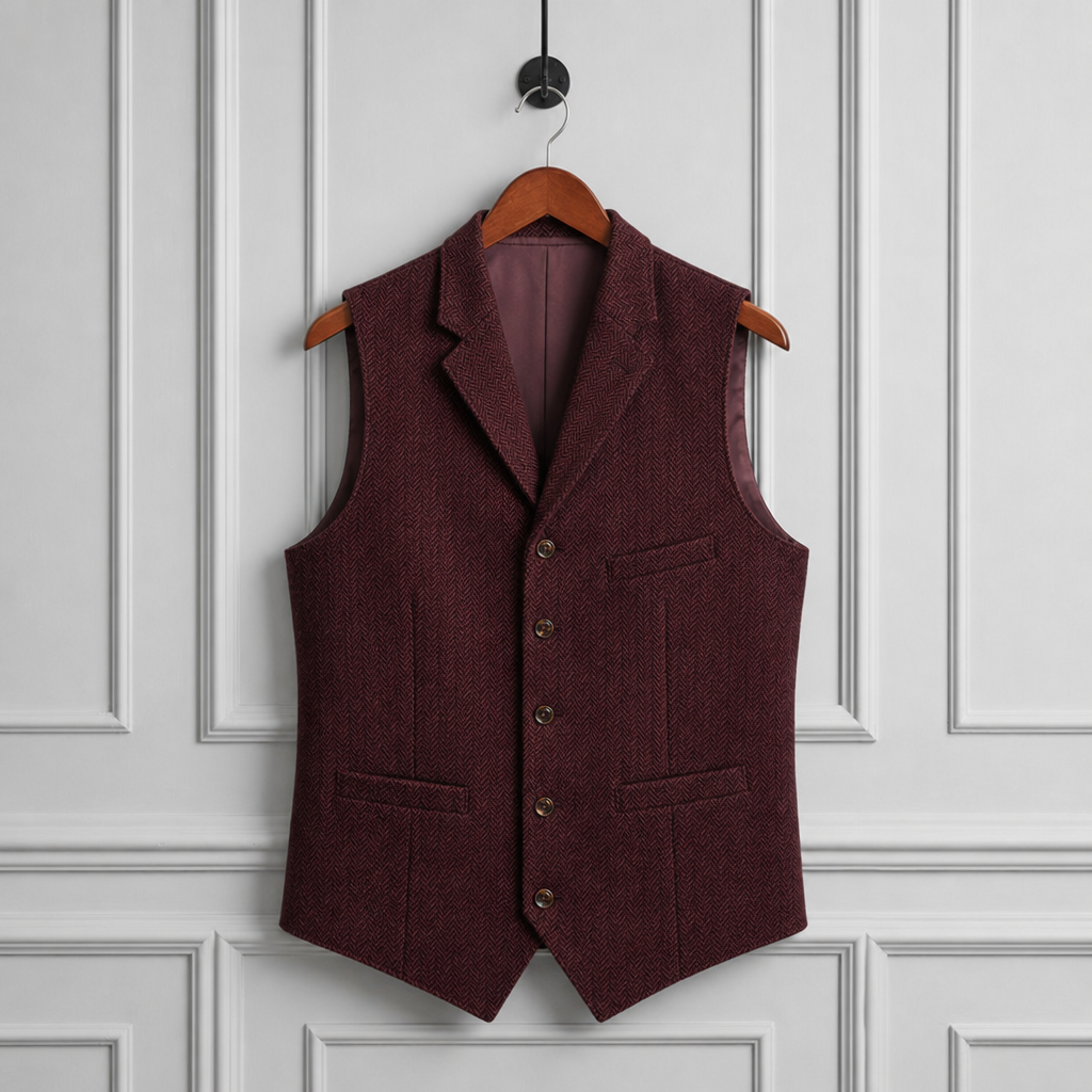 Matera Herringbone Tweed Waistcoat in Burgundy