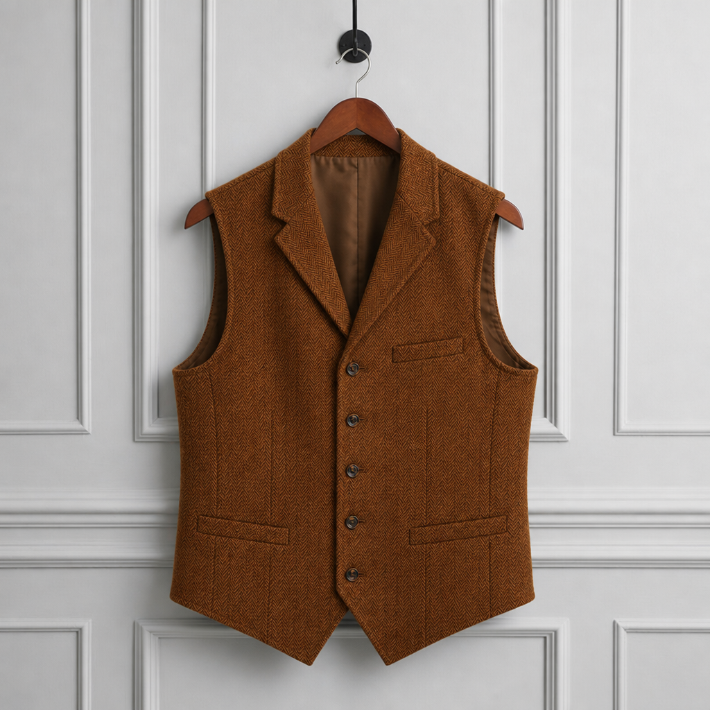 Matera Herringbone Tweed Waistcoat in Brown