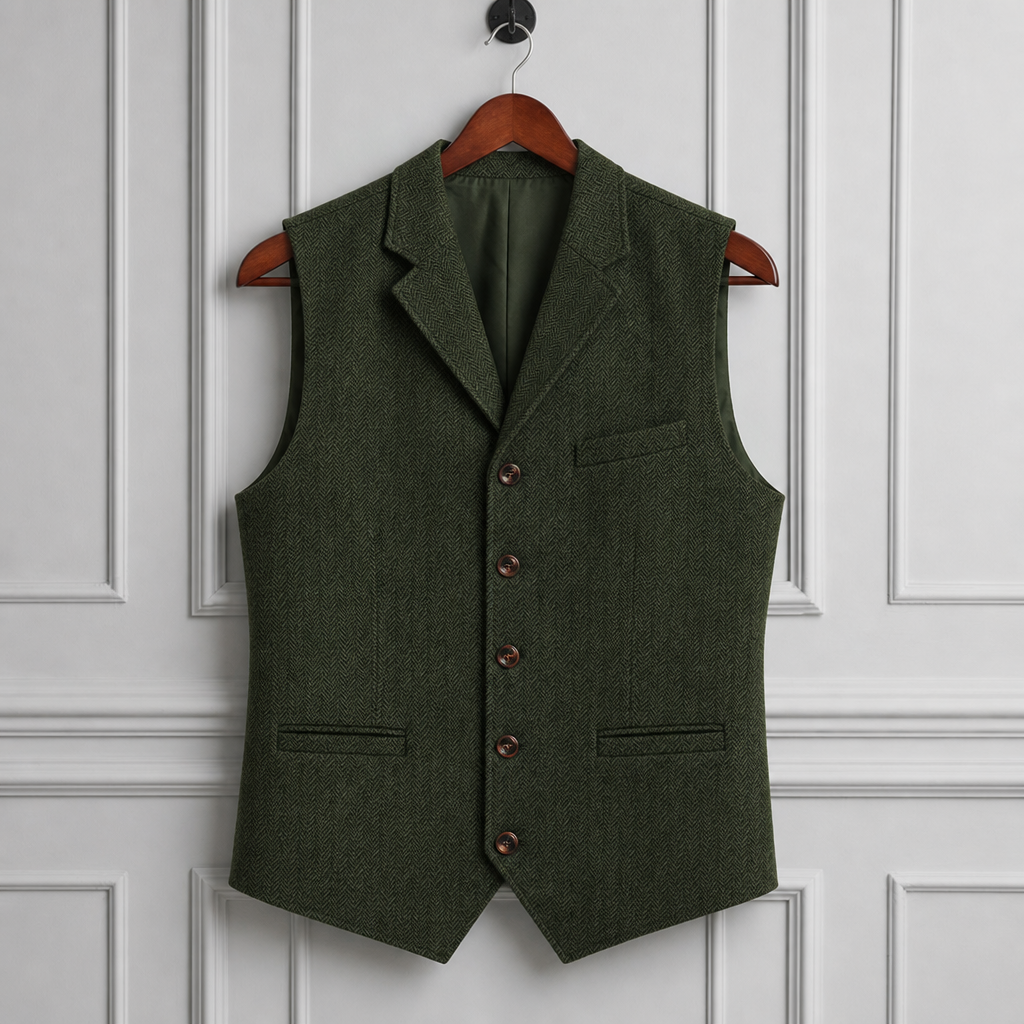 Matera Herringbone Tweed Waistcoat in Green