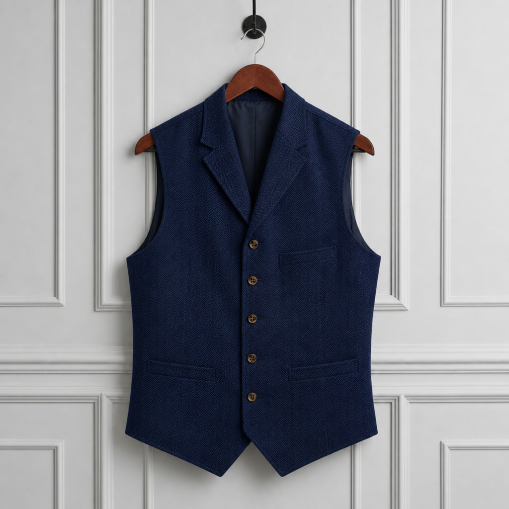 Matera Herringbone Tweed Waistcoat in Navy