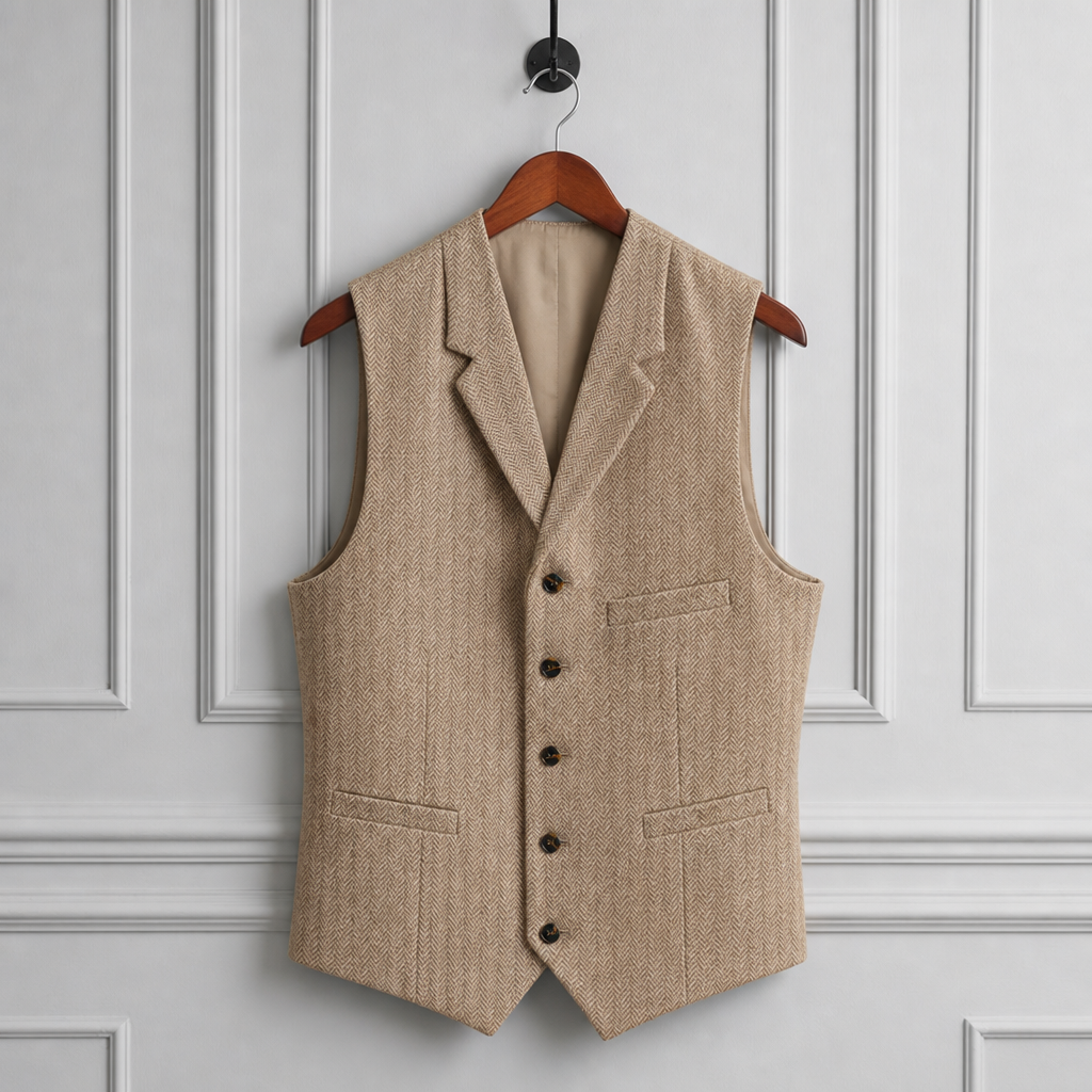Matera Herringbone Tweed Waistcoat in Beige