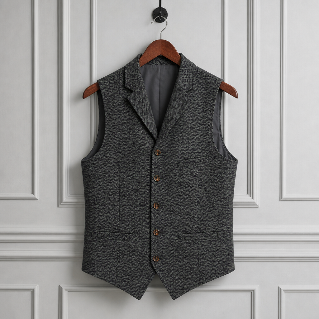 Matera Herringbone Tweed Waistcoat in Gray