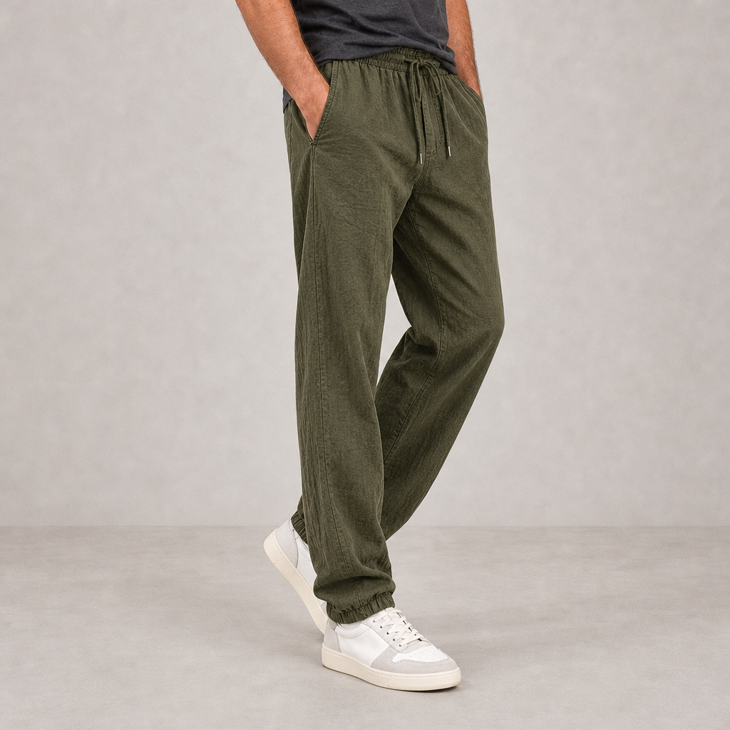 Menerbes Linen Drawstring Trousers in Army Green
