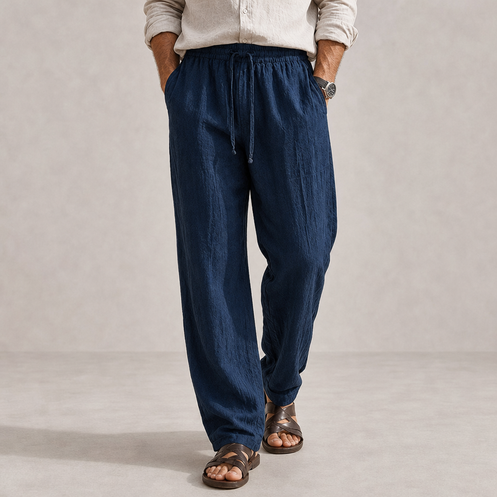 Menerbes Linen Drawstring Trousers in Navy Blue