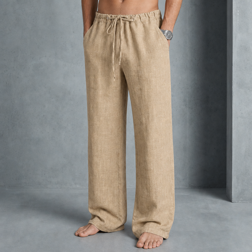 Merano Linen Drawstring Trousers in Khaki