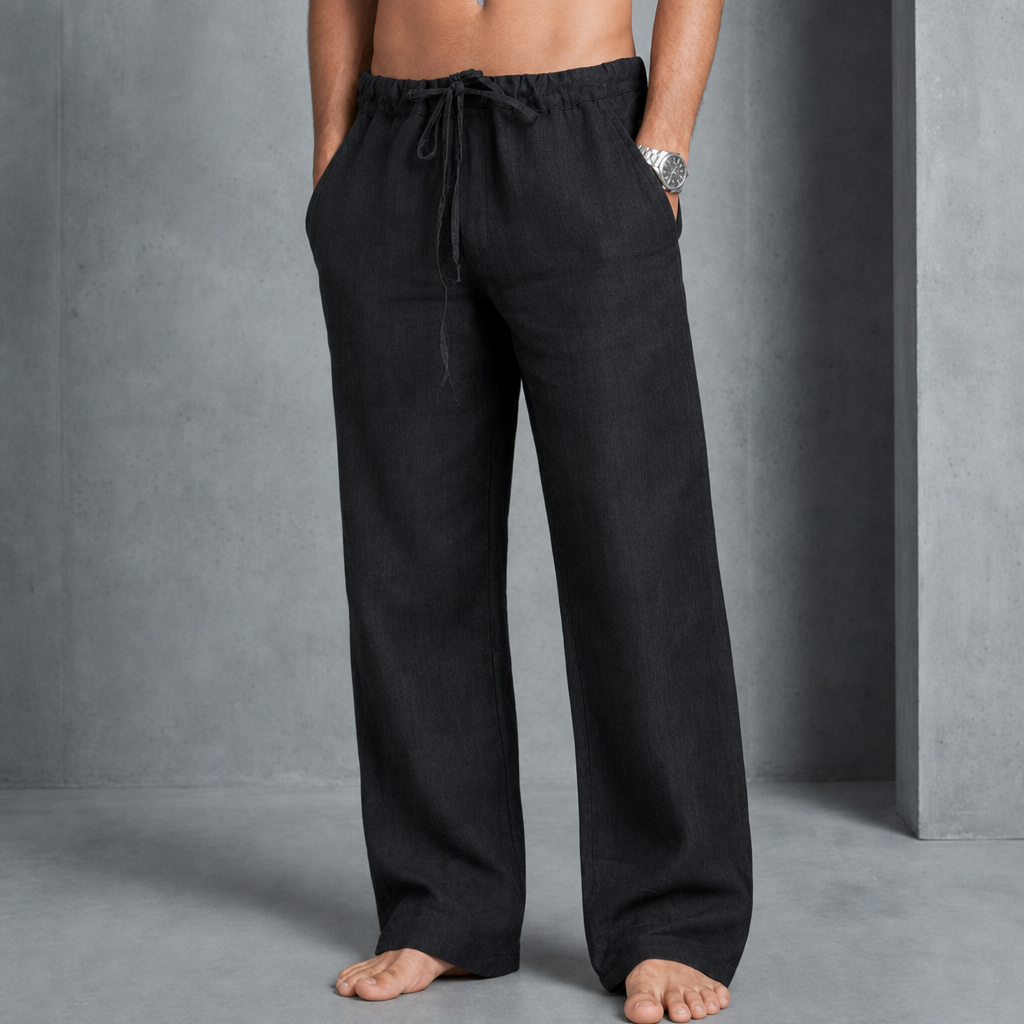 Merano Linen Drawstring Trousers in Black