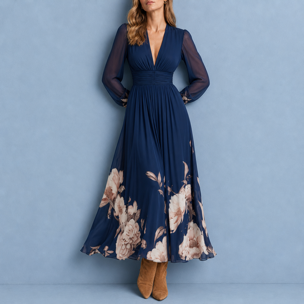 Mojacar Floral Pleated Maxi Dress in Navy