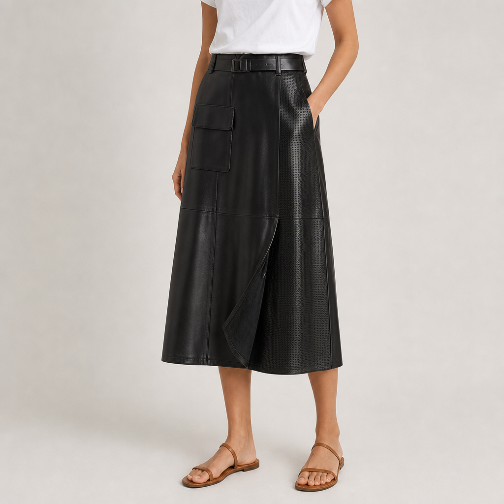 Monaco Perforated Leather Midi Skirt in Black