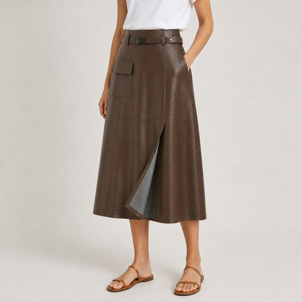 Monaco Perforated Leather Midi Skirt in Chocolate