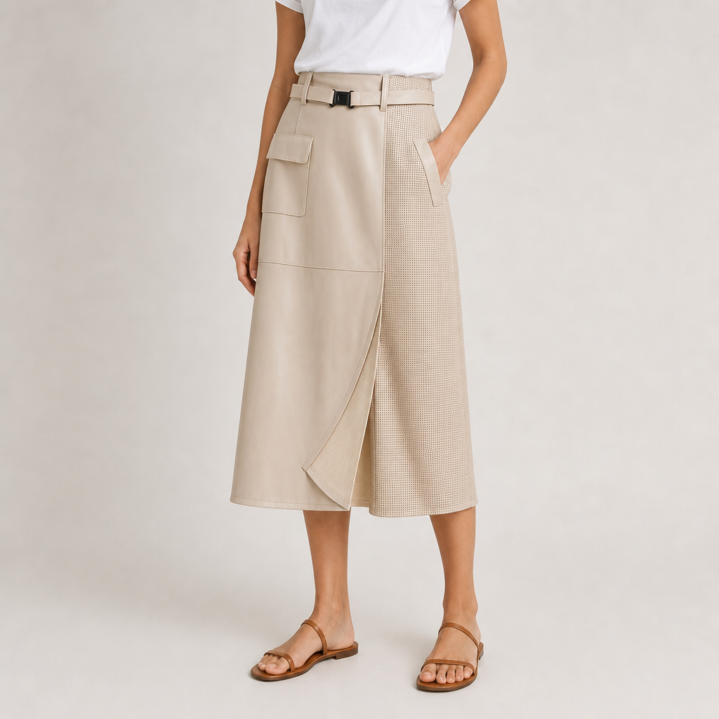 Monaco Perforated Leather Midi Skirt in Cream