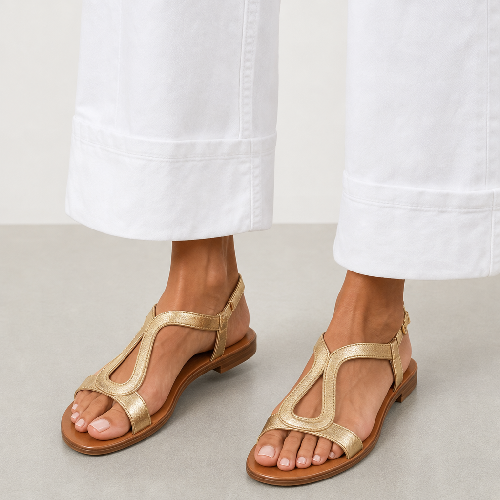 Montpellier Orthopedic Metallic T-Strap Sandals in Gold