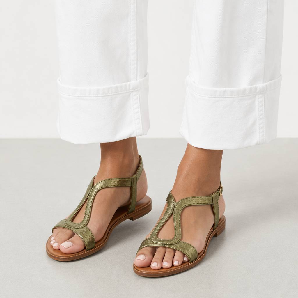 Montpellier Orthopedic Metallic T-Strap Sandals in Green