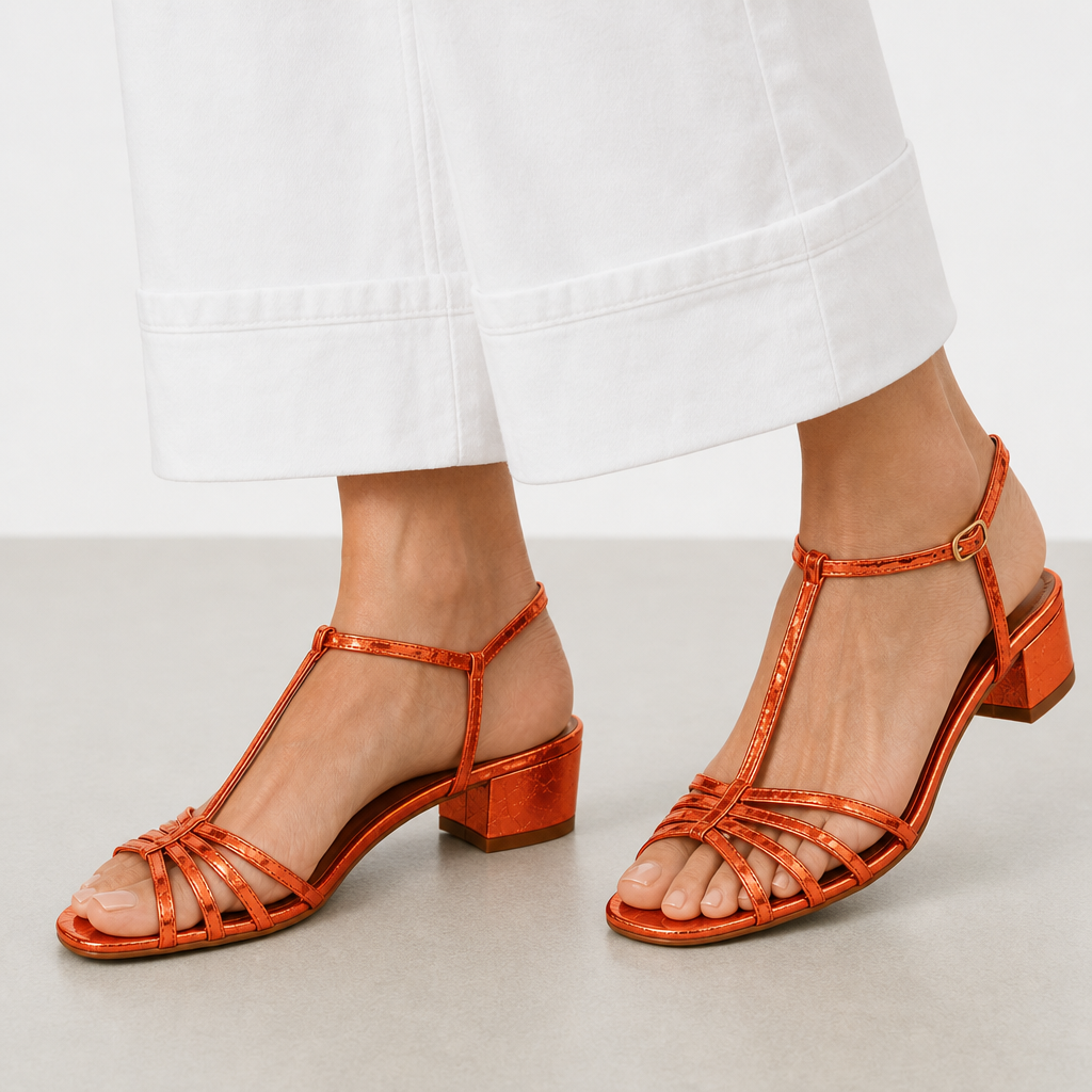 Narbonne Orthopedic Gold T-Strap Sandals in Orange