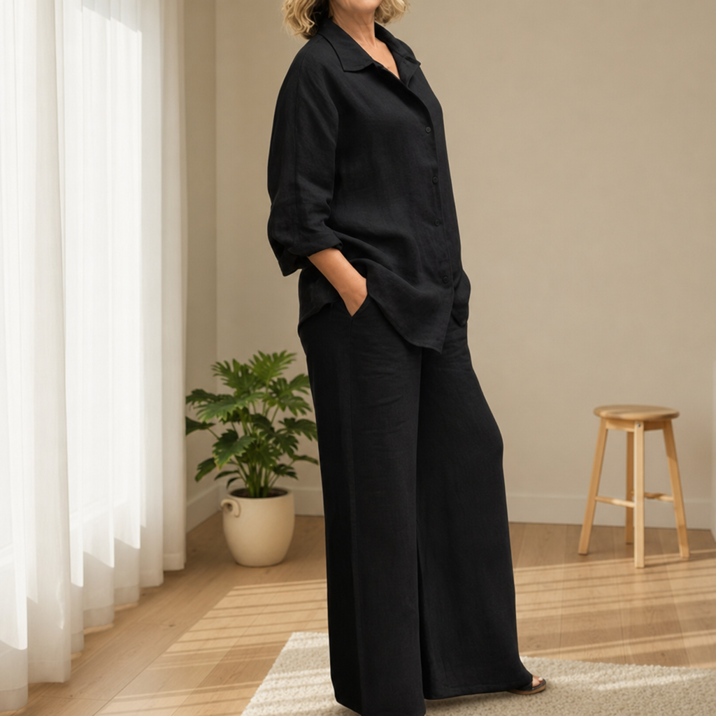 Nazare Linen Two-Piece Set in Black