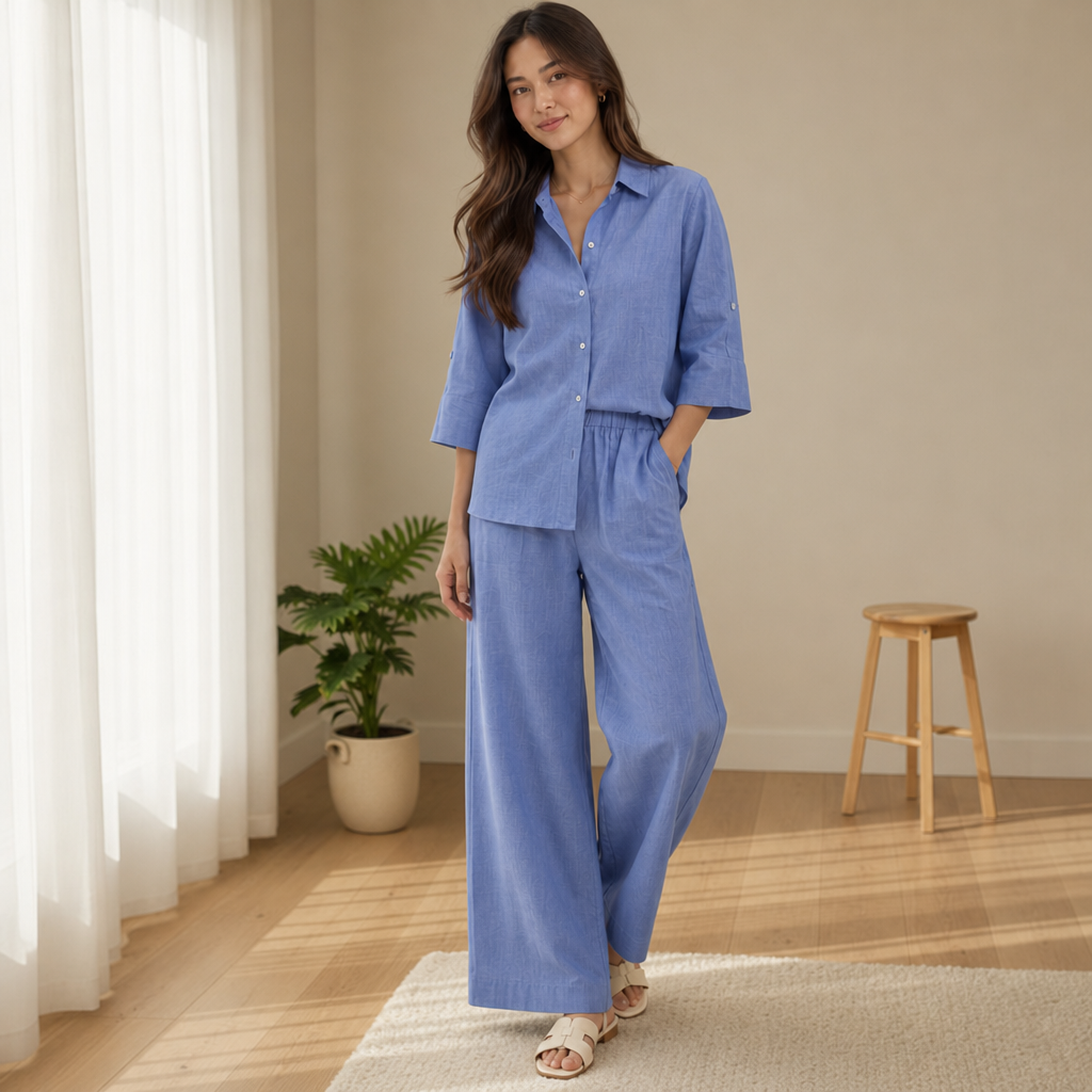 Nazare Linen Two-Piece Set in Lake Blue