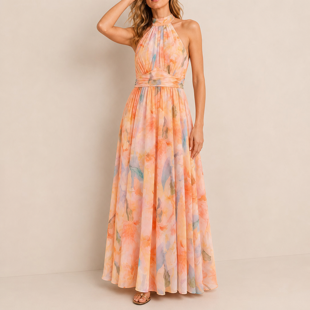 Nerja Floral Halter Maxi Dress in Peach