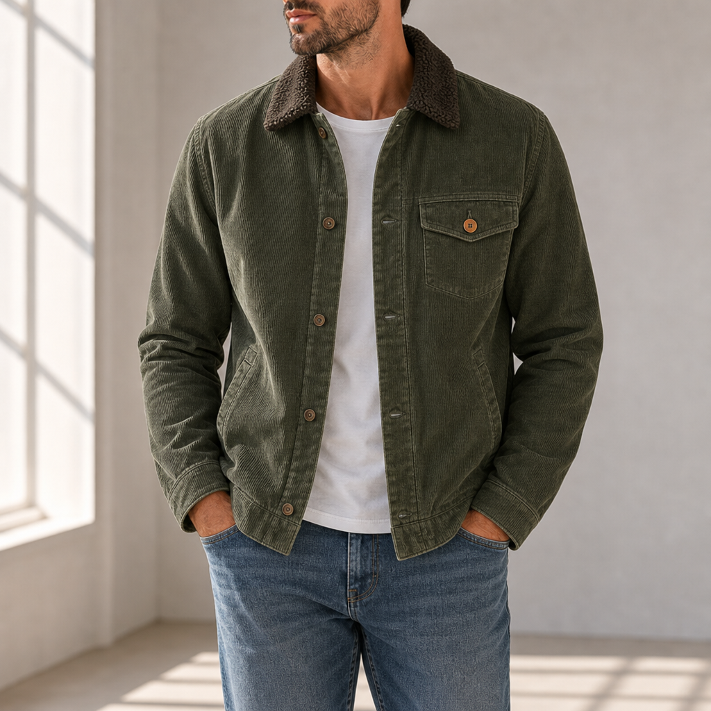 Nimes Sherpa Lined Corduroy Jacket in Green
