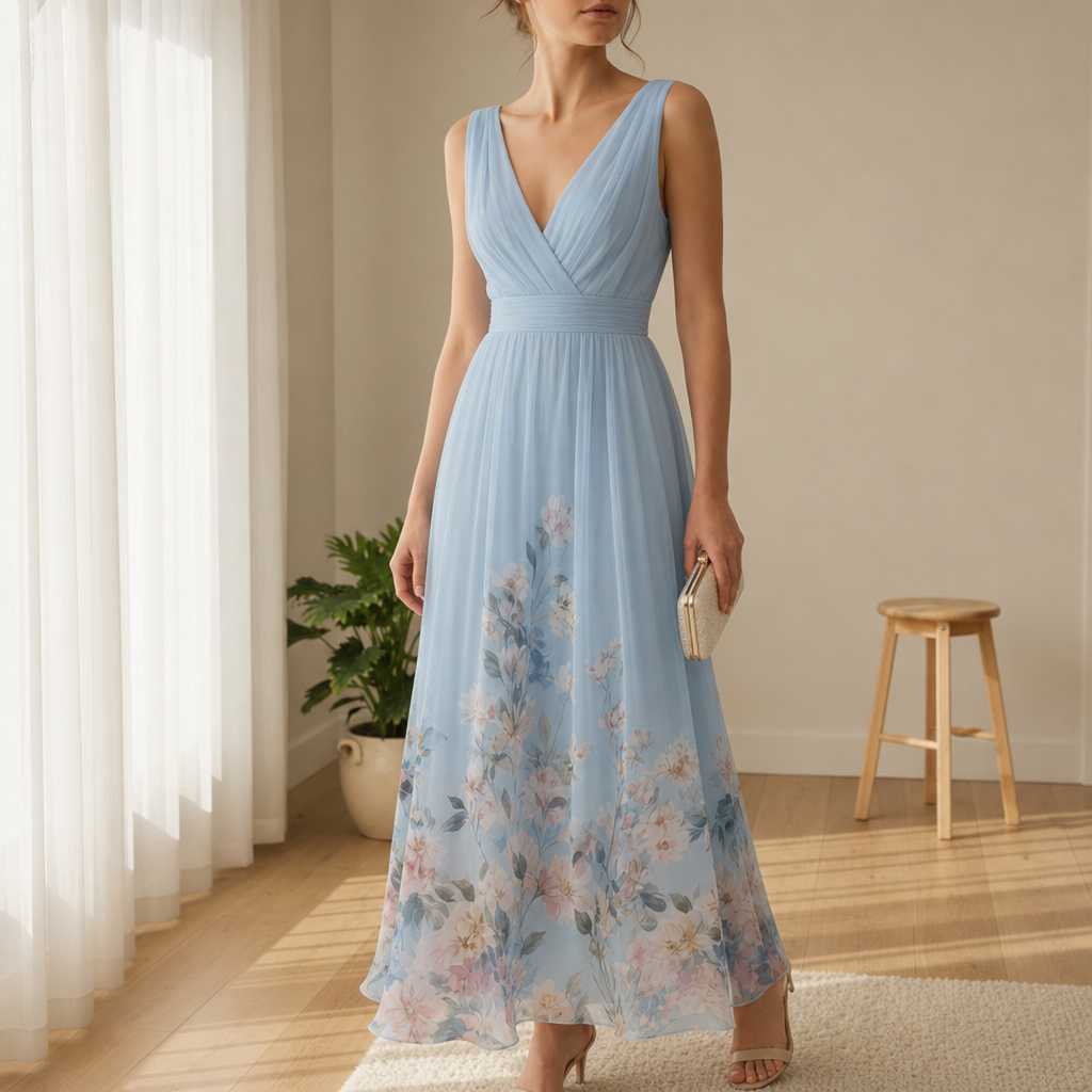 Noto Floral Chiffon Maxi Dress in Light Blue