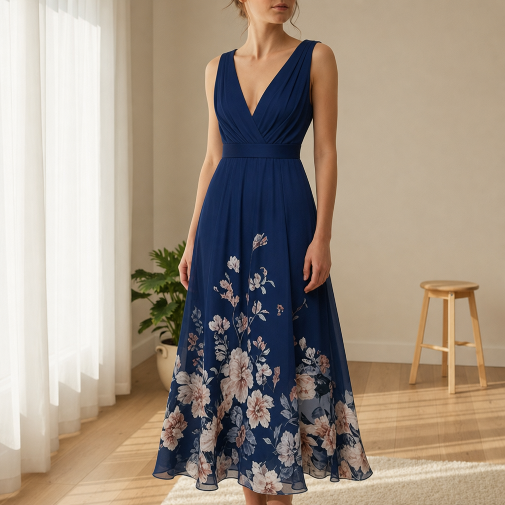 Noto Floral Chiffon Maxi Dress in Navy