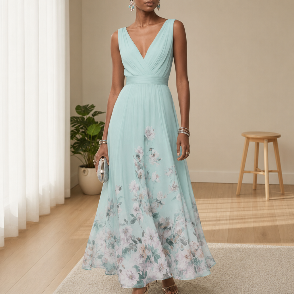 Noto Floral Chiffon Maxi Dress in Light Green
