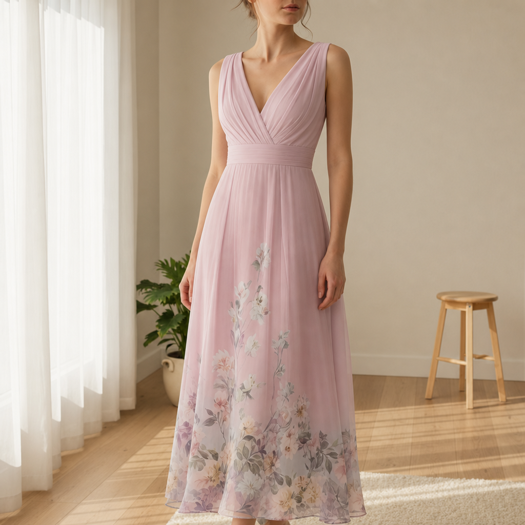 Noto Floral Chiffon Maxi Dress in Pink