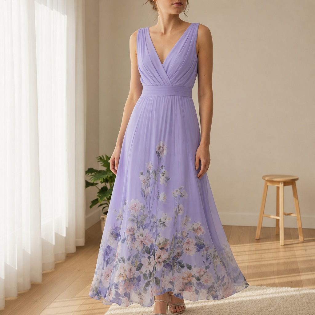 Noto Floral Chiffon Maxi Dress in Purple